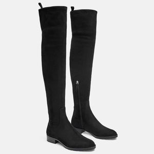 Zara Flat Heeled Over the Knee Boots Black NWT